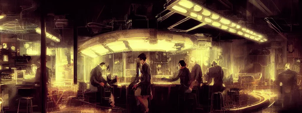 Image similar to concept art, crowded retro - futurist speakeasy, reflections, dark moody lighting, bladerunner, james jean, syd mead, akihiko yoshida, cinematic