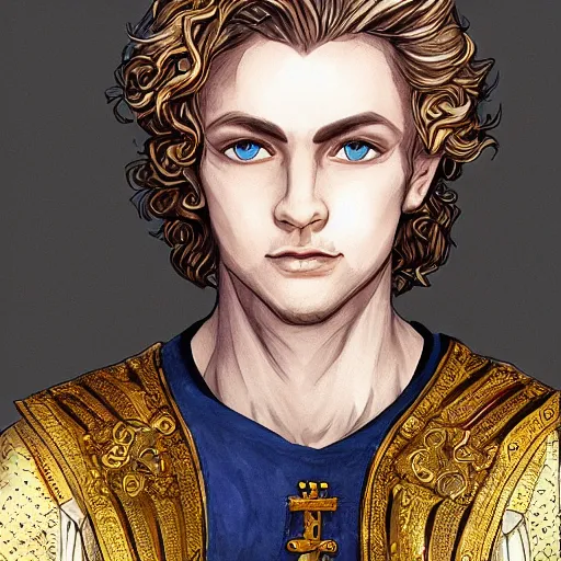 Image similar to portrait, 27 years old man, blue eyes, blond curls, charming, handsome :: rich expensive medieval clothes :: high detail, digital art, fantasy, RPG, concept art, illustration