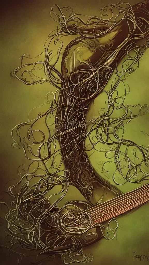 Image similar to a guitar with long thick vines wrapping around it, fantasy art, art station,