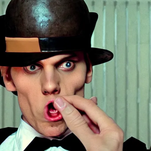 Image similar to Live Action Still of Jerma in A Clockwork Orange, real life, hyperrealistic, ultra realistic, realistic, highly detailed, epic, HD quality, 8k resolution, body and headshot, film still