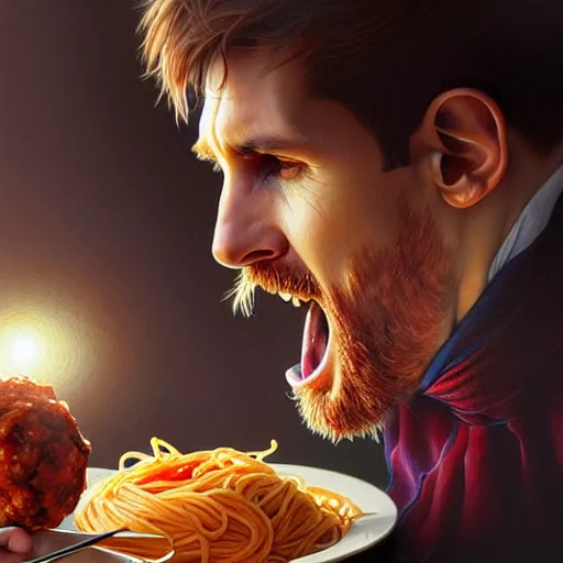 Image similar to Messi eating spaghetti with meatballs, closeup, D&D, fantasy, intricate, elegant, highly detailed, digital painting, artstation, concept art, matte, sharp focus, illustration, art by Artgerm and Greg Rutkowski and Alphonse Mucha