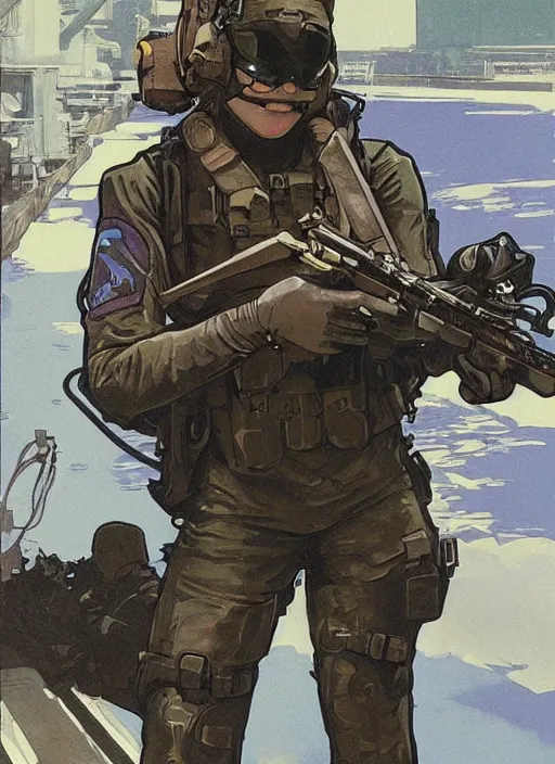Prompt: Dinah. USN blackops operator emerging from river near shipyard. Agent wearing Futuristic stealth suit. rb6s, MGS, and splinter cell Concept art by James Gurney, Alphonso Mucha. Vivid color scheme.