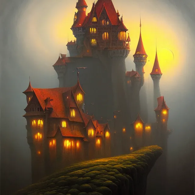 Image similar to a beautiful dark acrylic painting of a dark fantasy castle by Raja Ravi Varma and Gediminas Pranckevicius, trending on ArtStation.