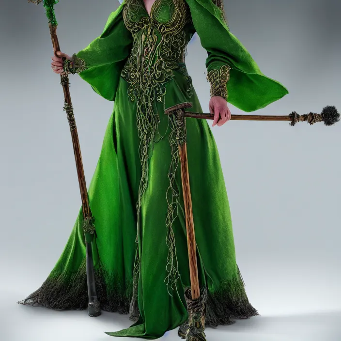 Prompt: photograph of a real-life beautiful earth witch with ornate green robes and staff. Extremely detailed. 8k