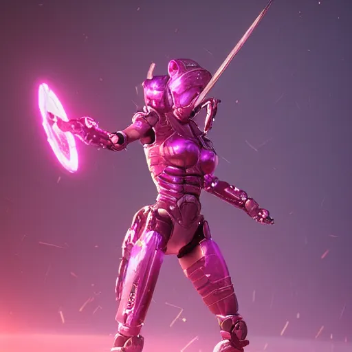 Image similar to warrior woman fights, pink robot enemies, octane render, cgsociety, detailed