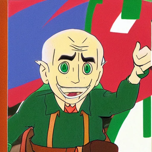 Prompt: cel - shaded image of joe biden as tingle from legend of zelda, studio ghibli animation cel by moebious