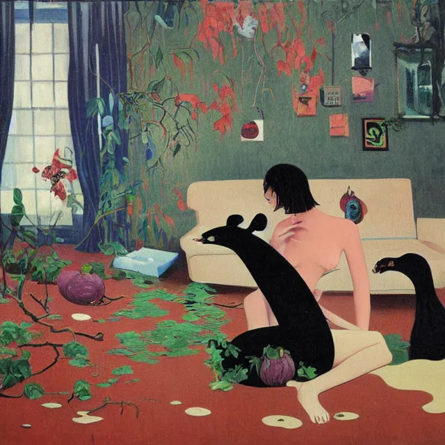 Image similar to emo catgirl artist in her flooded lounge room, painting of flood waters inside an artist's loungeroom, a river flooding indoors, pomegranates, pigs, ikebana, water, octopus, river, rapids, waterfall, black swans, canoe, berries, acrylic on canvas, surrealist, by magritte and monet