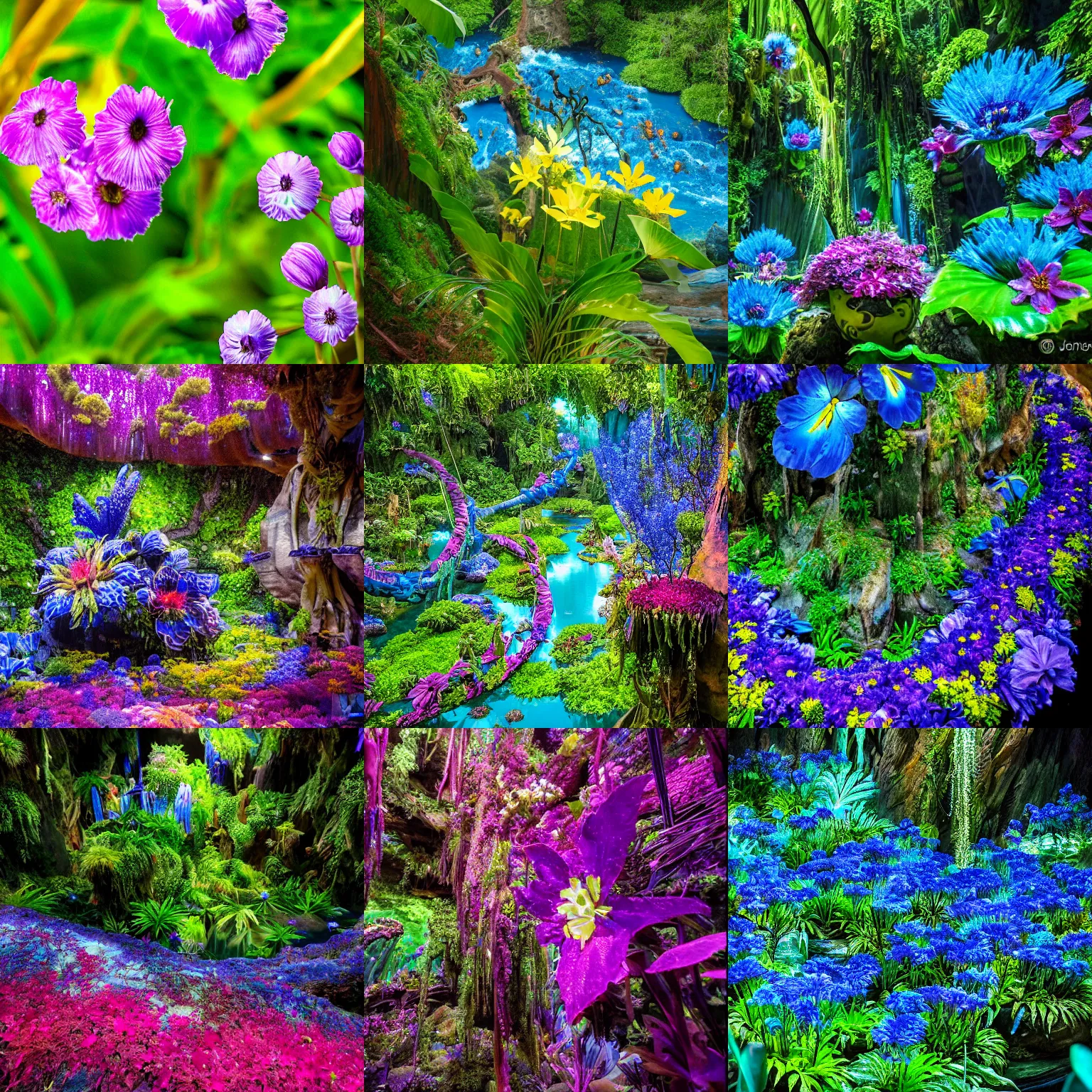 Prompt: beautiful nature photography of flowers from planet pandora, avatar, james cameron