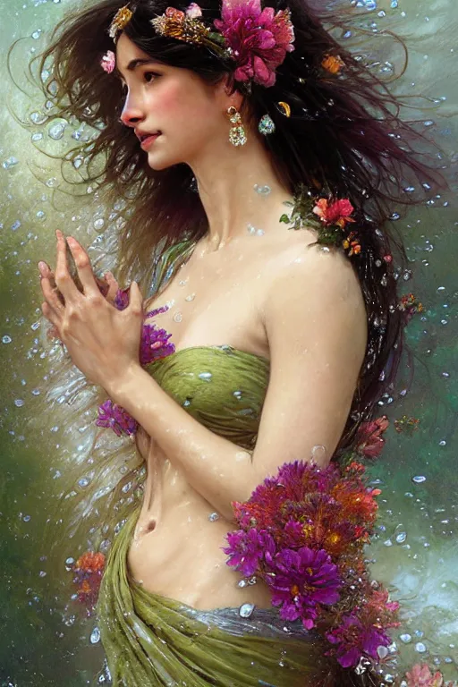 Image similar to portrait of a beautiful woman wearing a sari dress, holding a bouquet of flowing flowers, drenched body, wet dripping hair, emerging from the water, fantasy, regal, fractal crystal, fractal gems, by ross tran stanley artgerm lau, greg rutkowski, thomas kindkade, alphonse mucha, loish, norman rockwell