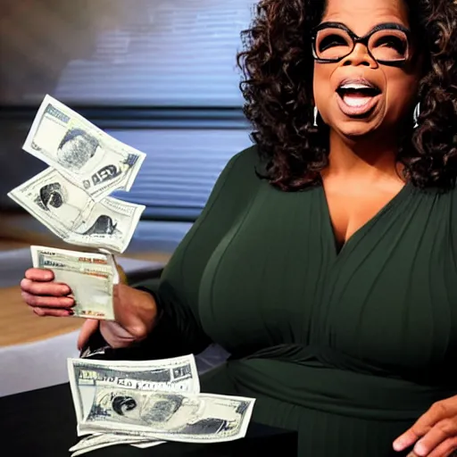 Prompt: oprah screaming, holding dollar bills, in studio