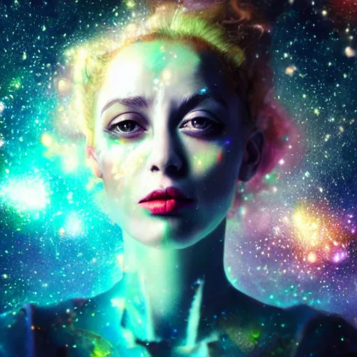 Prompt: woman portrait made out of galaxies floating in space, saturn, highly detailed, beautiful, realistic, tim burton comic book art, octane render, sharp focus