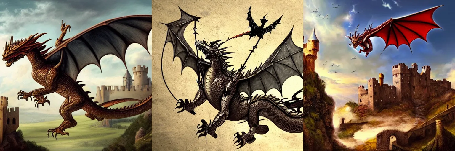 Prompt: a dragon flying over a medieval castle, fantasy art