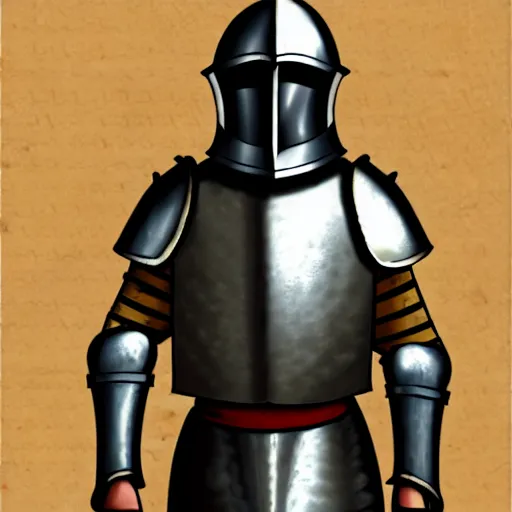 Image similar to medieval village idiot wearing full armor and war gear, no helmets