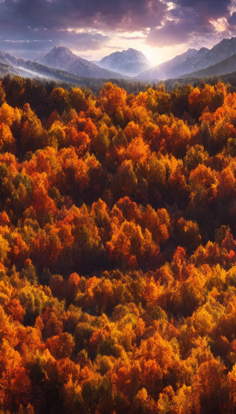 Prompt: beautiful autumn mountains landscape, volumetric dramatic light, beautiful sky, sharp focus, highly realistic, octane render, art by greg rutsowski