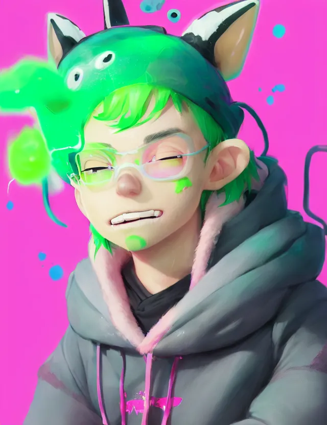 Prompt: a beautiful headshot portrait of a cute splatoon anime male with pink hair and pink wolf ears wearing a green hoodie. character design by cory loftis, fenghua zhong, ryohei hase, ismail inceoglu and ruan jia. artstation, volumetric light, detailed, photorealistic, fantasy, rendered in octane