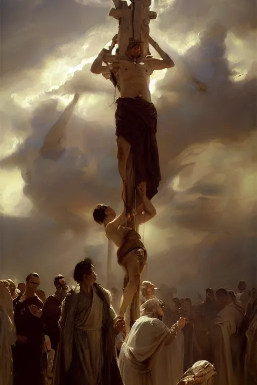 Image similar to beautiful oil painting portrait of ancient roman god emperor steve buscemi hovering in the air wearing the civic crown levitating and ascending in stations of the cross pose, art by anders zorn, wonderful masterpiece by greg rutkowski, expressive brush strokes, beautiful cinematic light, american romanticism by greg manchess, jessica rossier