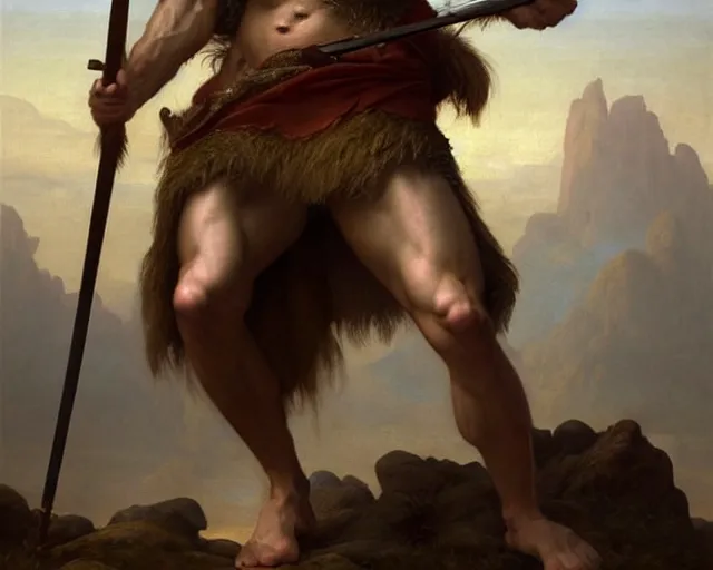 Image similar to renaissance painting full body portrait of a gruff ranger with a spear, lean and toned, handsome face, hairy chest and hairy body, D&D, intricate, elegant, highly detailed, digital painting, artstation, concept art, matte, sharp focus, chiaroscuro, well list, illustration, art by Artgerm and Greg Rutkowski and Alphonse Mucha