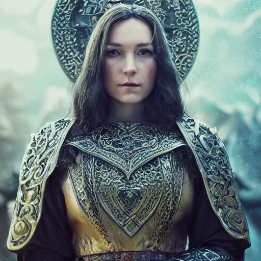 Image similar to the elder scrolls vi, charismatic!!! regal!!! brunette female jarl, portrait, throne room, atmospheric lighting, painted, intricate, volumetric lighting, beautiful, daytime, sunny weather, slight overcast, sharp focus, deep colours, ultra detailed, by leesha hannigan, ross tran, thierry doizon, kai carpenter, ignacio fernandez rios