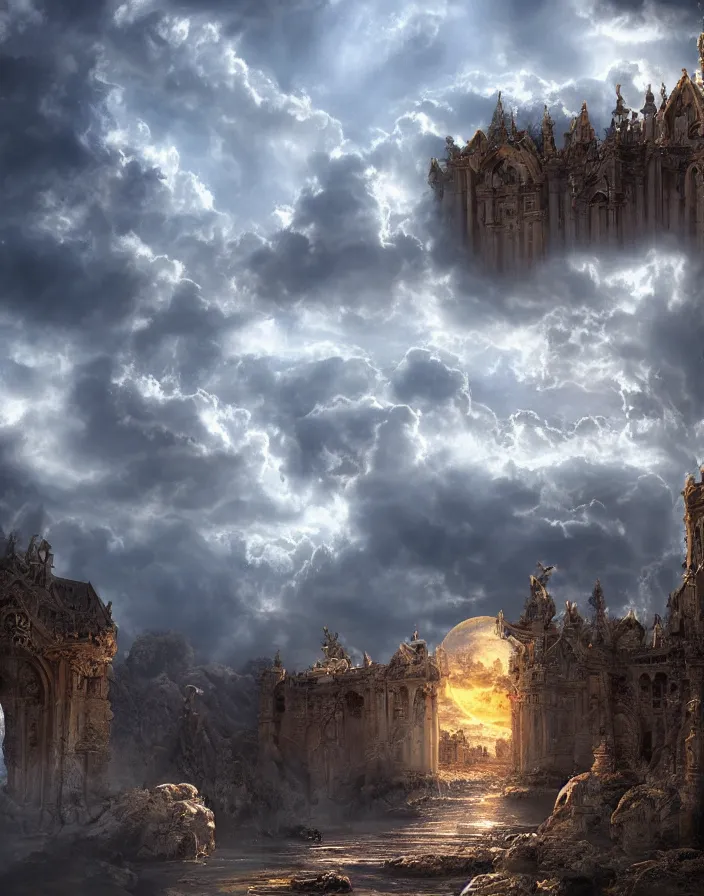 Image similar to Gates of heaven in the clouds by paul chadeison, concept art, ultra realistic, super detailed, photorealistic, cinematographic, epic lighting, religious