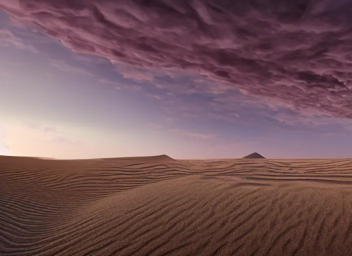 Image similar to hyperrealism, detailed textures, photorealistic 3 d render, a dreamy purple cloud scape above the aticama desert, sharp focus, ultra realistic, ultra high pixel detail, cinematic, intricate, cinematic light, concept art, illustration, art station, unreal engine 8 k