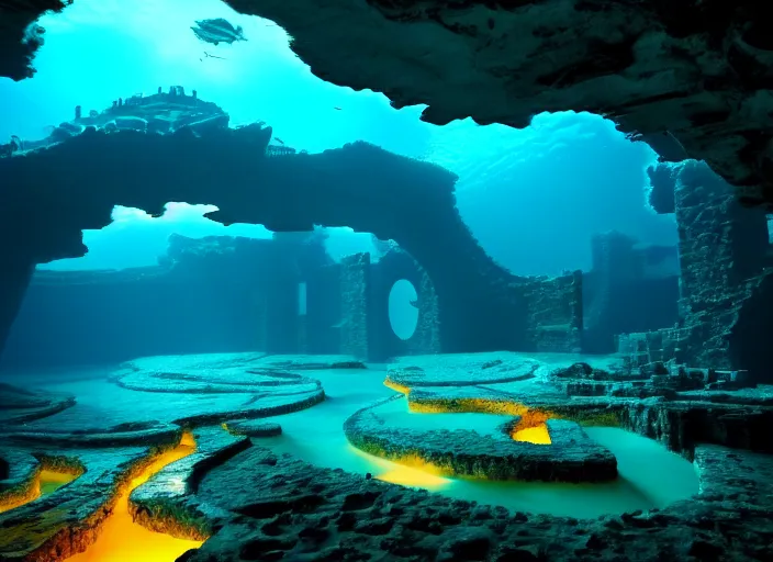 Image similar to atlantis, an amazing underwater city glowing with light below turbulent waters above