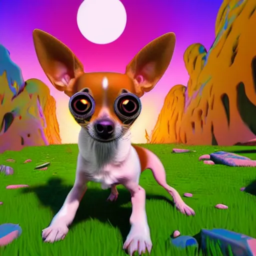 Image similar to a chihuahua with a third eye living in an extradimensional reality, in the style of 9 0 s and goof troop, illustration, epic, fantasy, hyper detailed, smooth, unreal engine, sharp focus, ray tracing, physically based rendering