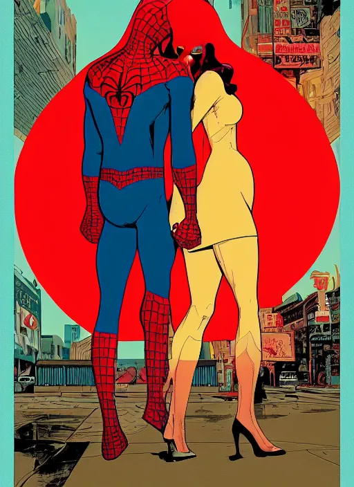 Image similar to poster cover artwork by Michael Whelan and Tomer Hanuka, John Romita Jr of Spiderman and Mary Jane, from scene from Twin Peaks, dramatic lighting, Marvel, clean, simple illustration, nostalgic, domestic, full of details