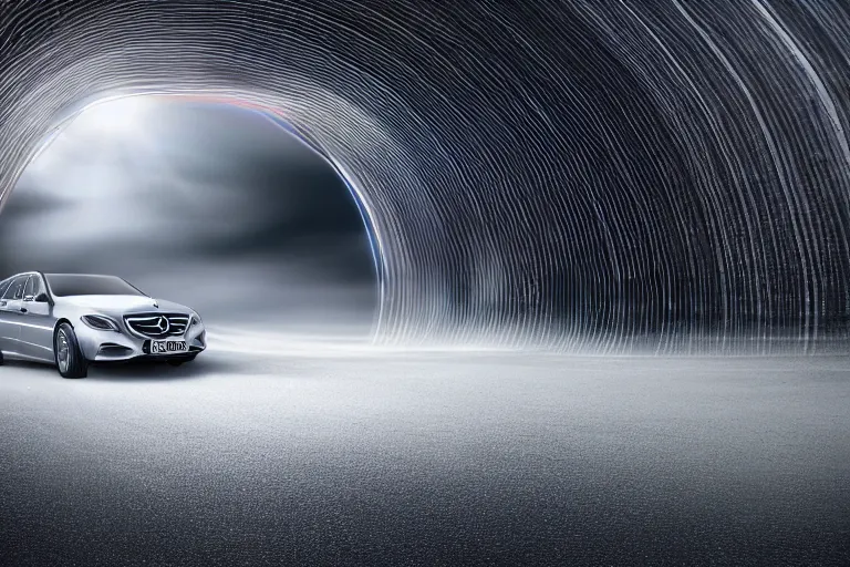 Prompt: mercedes e-class entering a portal into another dimension. photorealistic 35mm 4k