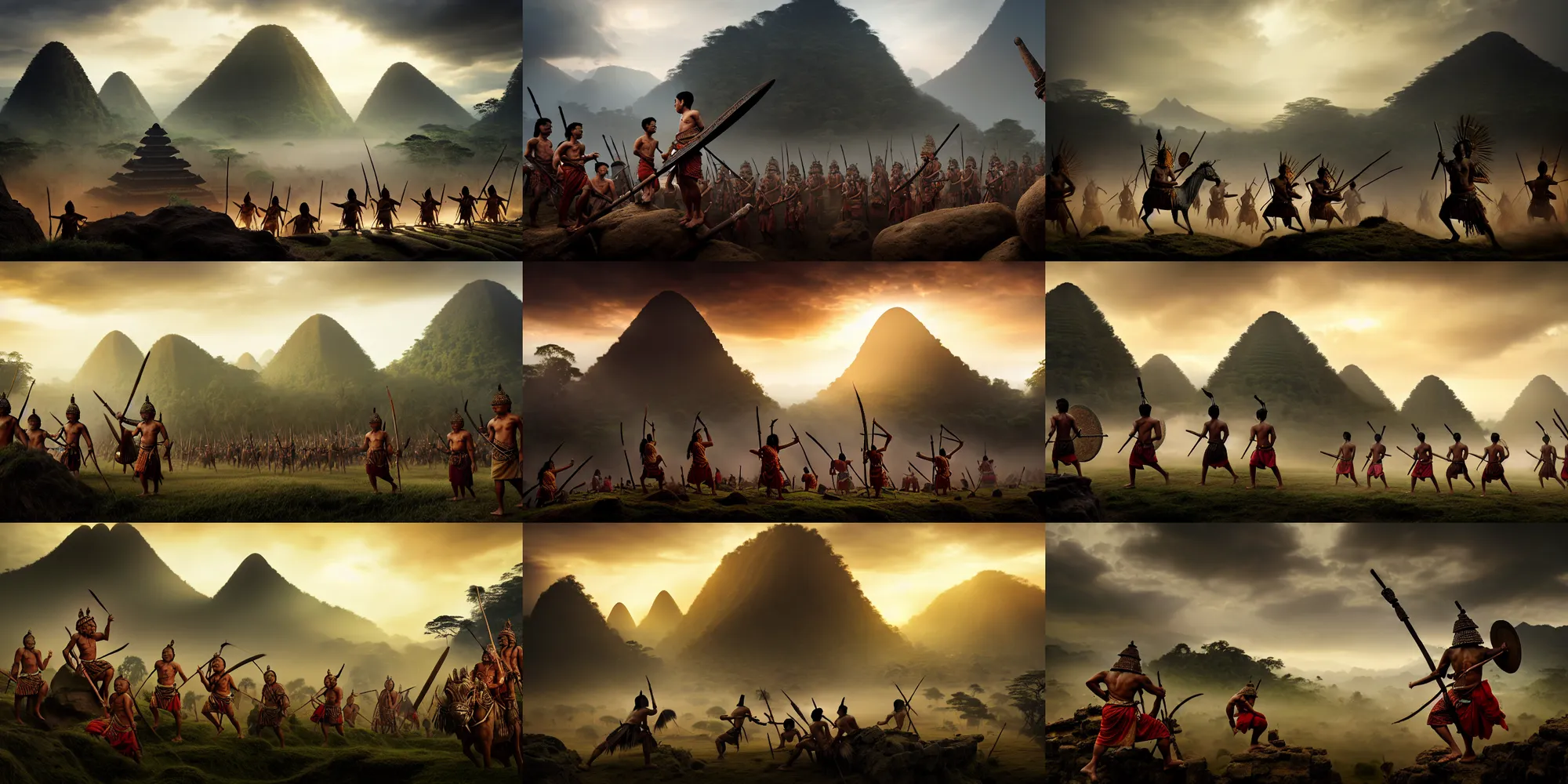 Prompt: ancient indonesia, thousands of indonesian villagers punakawan warriors and priests, atmospheric, wimmelbilder, matte painting, background mountains, shafts of lighting, mist, epic, rule of thirds, 3 5 mm, 8 k, corona render, octane render, trending on artstation, ultra - detailed, hyper - realistic, volumetric lighting, 8 k