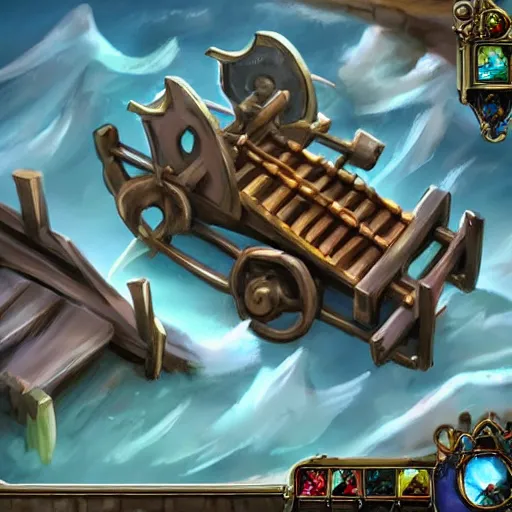 Prompt: a ice catapult machine, cart wheels, fantasy rpg, league of legends style