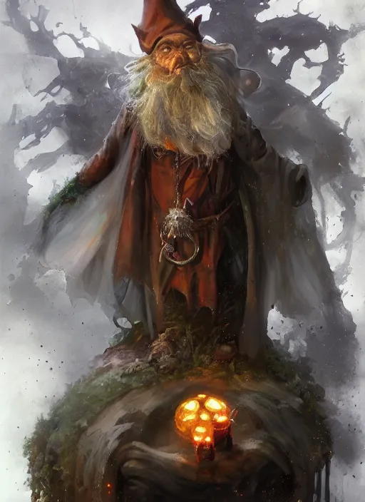 Image similar to an enchanted gnome wizard painted by raymond swanland