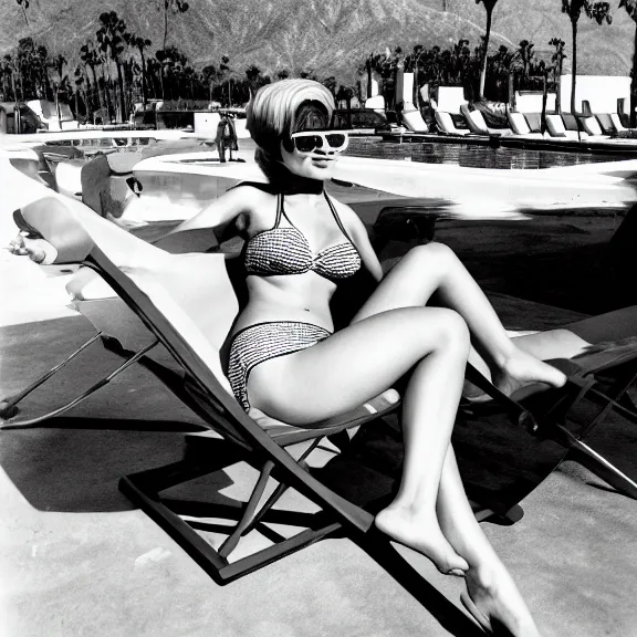 Prompt: A beautiful woman in sunglasses and a bikini relaxing in a lounge chair by a resort pool in Palm Springs California, vintage, stylistic, medium shot, retro, 1960s