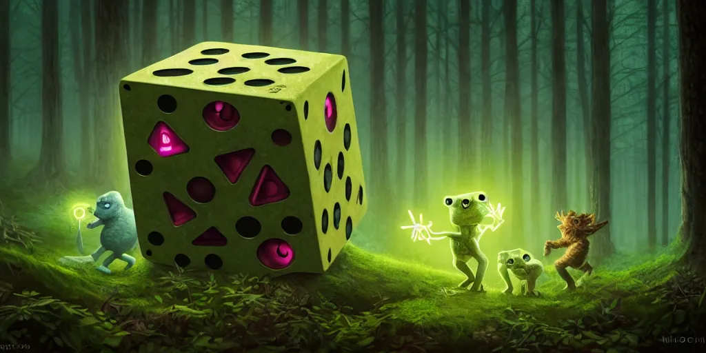 Prompt: anthropomorphic - cube - dice, lurking in the forest, cube - dice with little arms and legs, glowing energy, fantasy magic, by willian murai and jason chan and marco bucci, hyper detailed and realistic, illustration, sharp focus, cinematic, rule of thirds, forestpunk