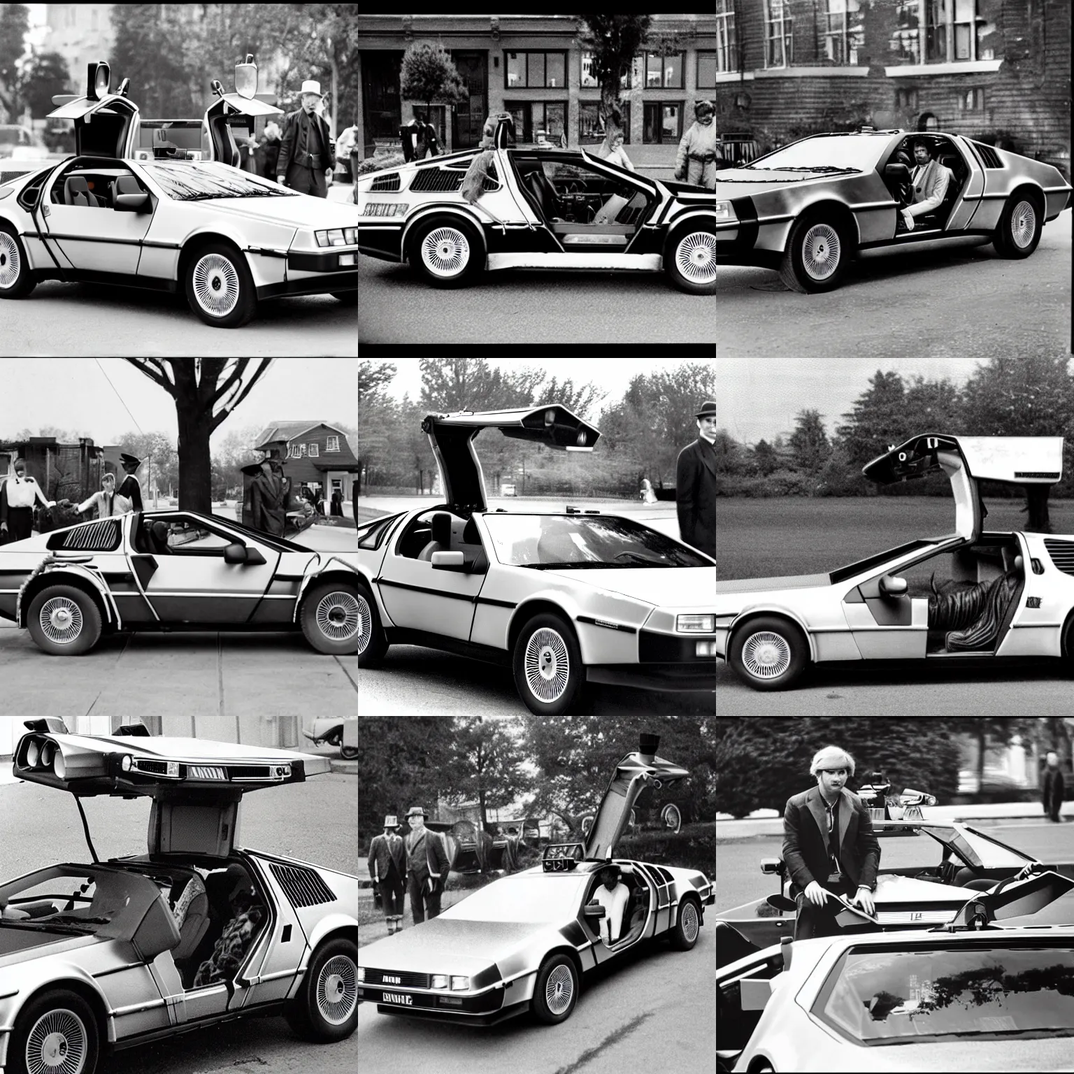 Prompt: a time traveler in a delorean dmc shows up in the 1 9 2 0's. black and white photograph
