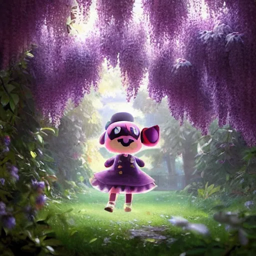 Image similar to animal crossing skye under Wisteria, floral explosion, radiant light, vortex of plum petals, oil painting, Tooth Wu, Greg Rutkowski, RPG portrait, dynamic lighting, fantasy art, High contrast, depth of field