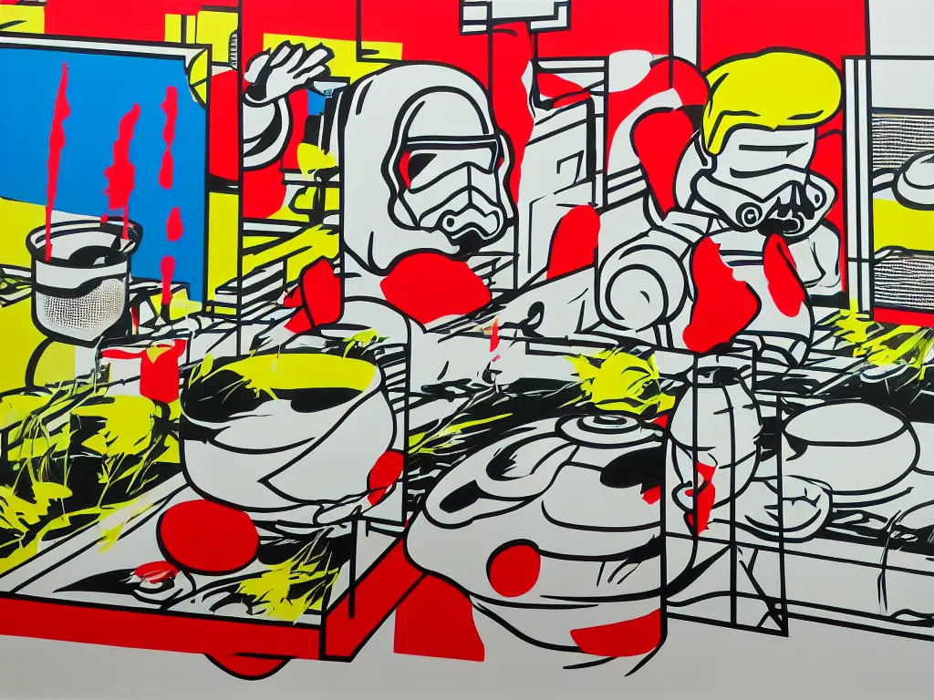 Image similar to hyperrealism composition of the asian home with a garden, detailed stormtrooper in hot springs, pop - art style, jacky tsai style, andy warhol style, roy lichtenstein, acrylic on canvas