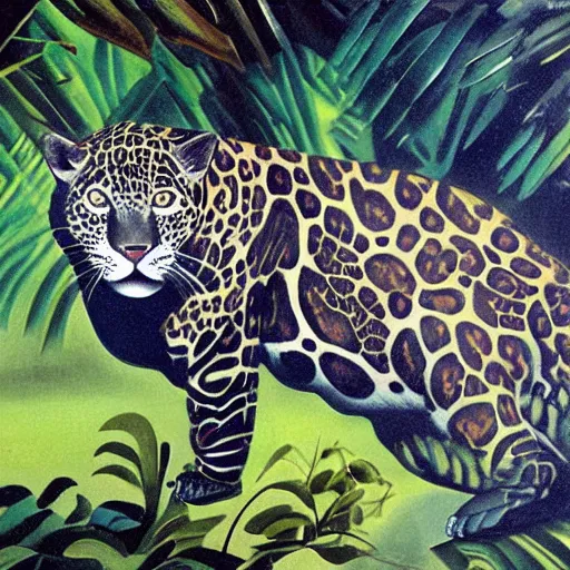 Prompt: intense jaguar in a dark misty jungle, by Salvador Dali