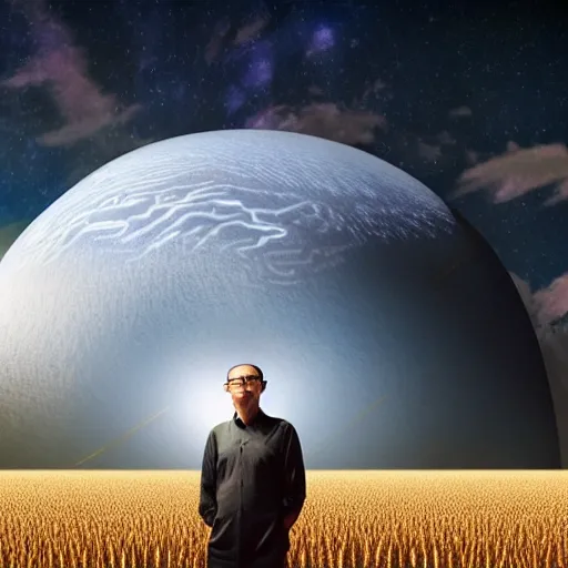 Prompt: earth three - body problem, sci - fi style, liu cixin, golden wheat field, a man in a hospital gown standing in the middle of the wheat field, above his head is the dome of an alien spaceship, black steel conduit, cyberpunk