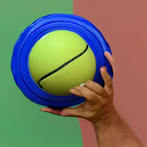 Image similar to a basketball, a frisbee, an apple; a hand points to the fruit