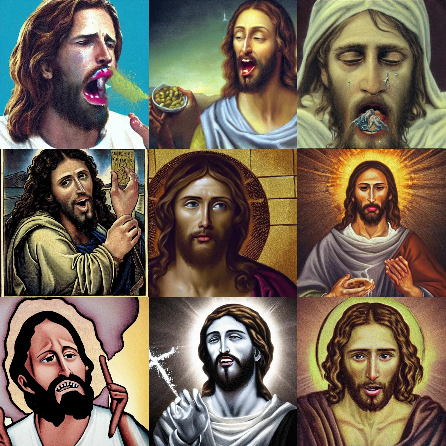 Prompt: Jesus Christ with vomit streaming from his mouth.