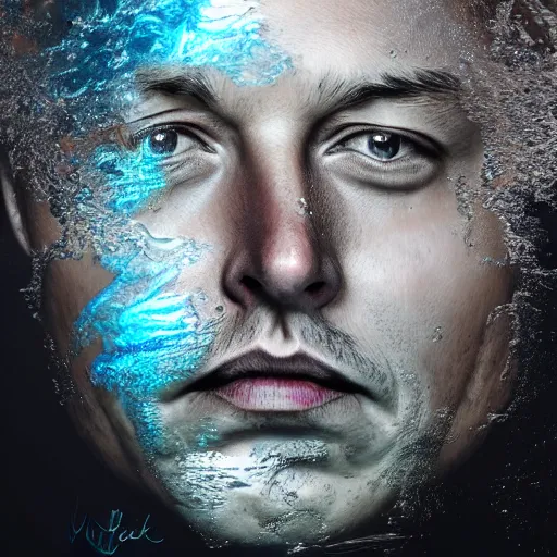 Prompt: water artwork manipulation in the shape of the face of elon musk, on the ocean water, ray tracing, realistic water sharp focus, long shot, 8 k resolution, cinematic, amazing water art
