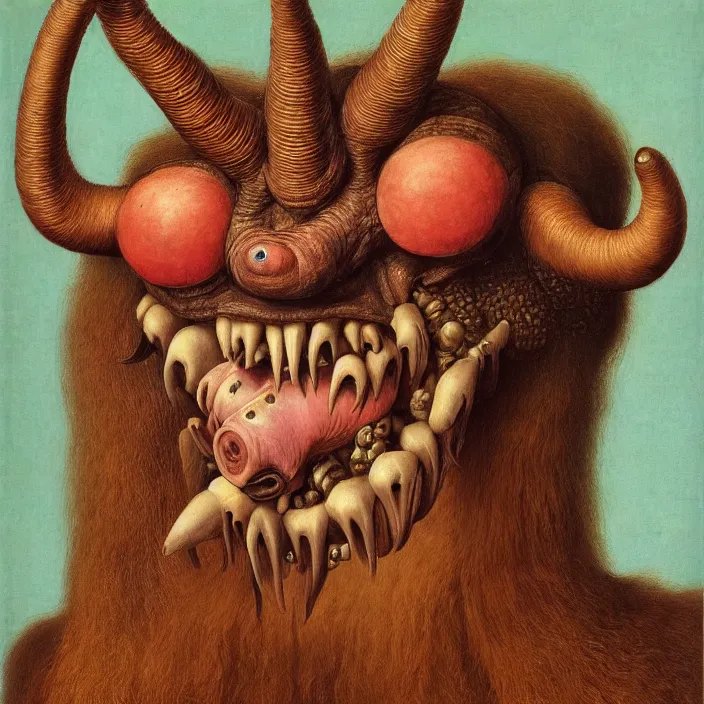 Image similar to close up portrait of a mutant monster creature with giant protruding eyes bulging out of their eye sockets, exotic orchid - like mouth, long colorful hair growing out of the nostrils, antelope horns. by jan van eyck, walton ford