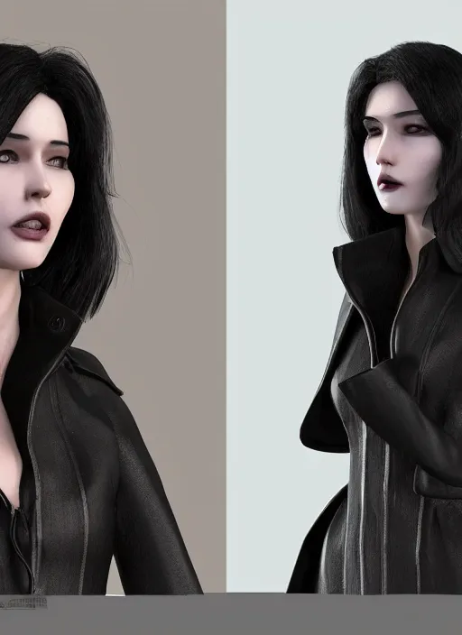 Image similar to black haired vampire woman in a trench coat, face enhance, realistic, ultra detailed, octane render, lovecraftian