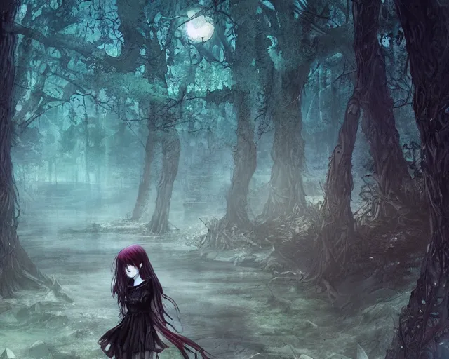 Image similar to goth woman in a moonlight view, in a forest, a river, tankoban, 4 k, tone mapping, akihiko yoshida, james jean andrei riabovitchev marc simonetti, yoshitaka amano, long hair, curly, h. hydrochaeri