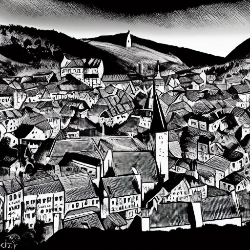 Prompt: mysterious town in medieval slovakia, comic art, black and white