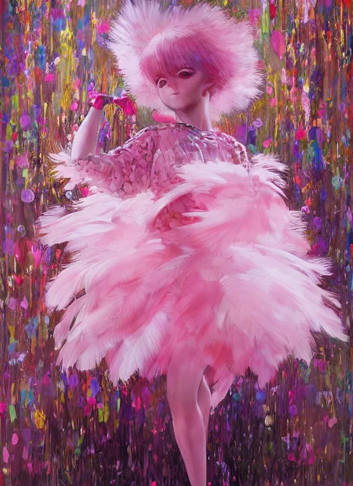 Image similar to beautiful little girl with an pink eccentric haircut wearing an dress made of feathers dancing on stage, artwork made by ilya kuvshinov, inspired in donato giancola, hd, ultra realistic, reflection, flowers, light stage