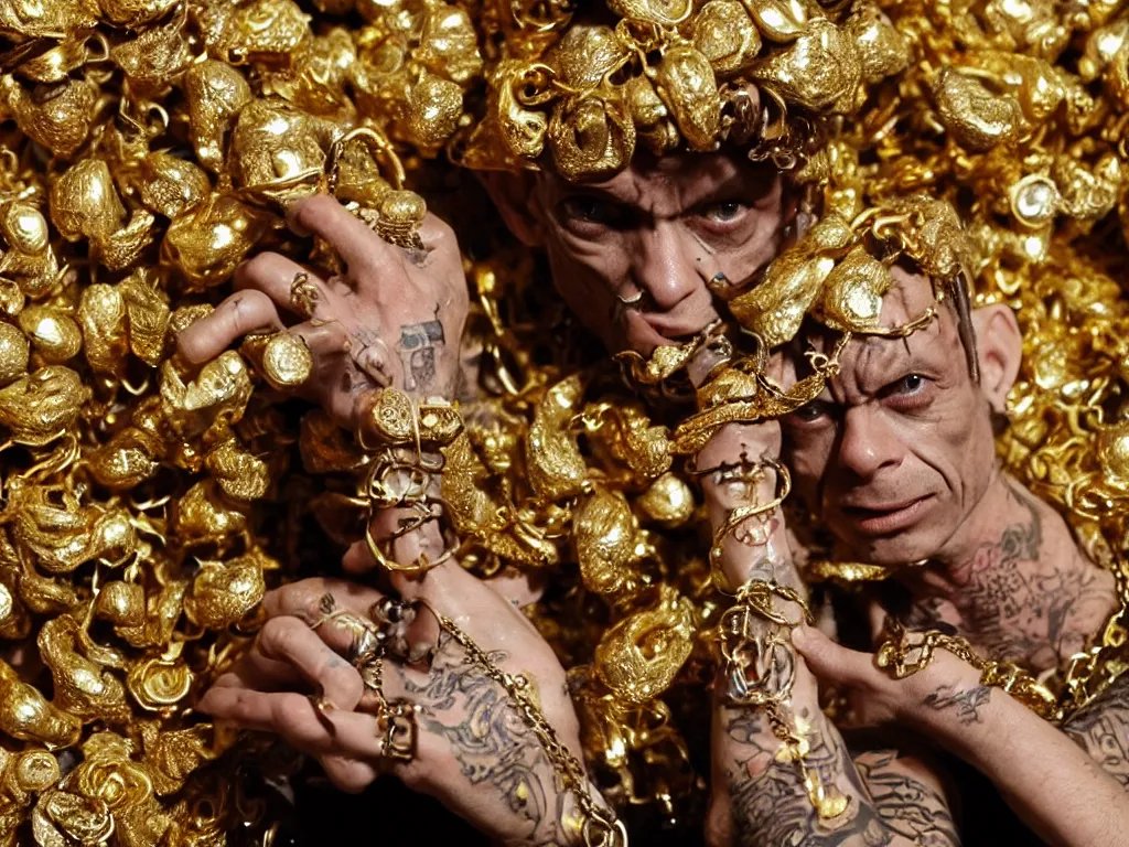 Prompt: gollum wearing lots of gold rings, gold chains, and gold earrings in front of a pile of gold in a dungeon, bling, hip hop style, tattoos, imax, foggy atmosphere, bokeh