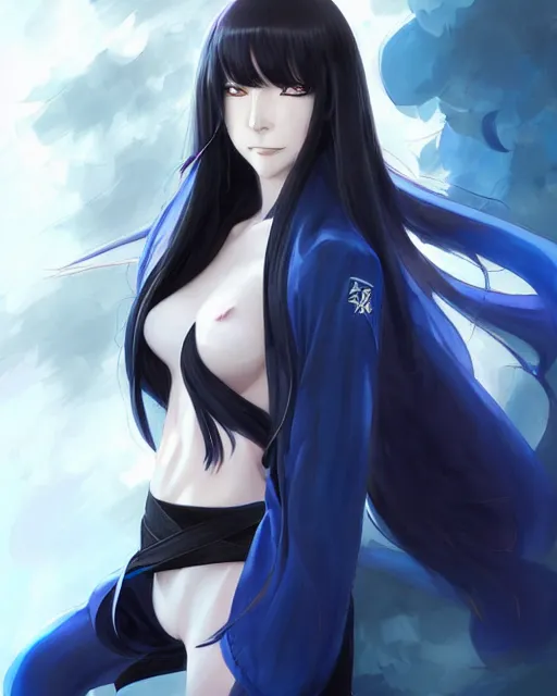 Image similar to anime character portrait of a female martial artist!! long black hair! blue eyes! dynamic pose!! elegant, intricate outfit, fine details by stanley artgerm lau, wlop, rossdraws, james jean, andrei riabovitchev, marc simonetti, and sakimichan, trembling on artstation