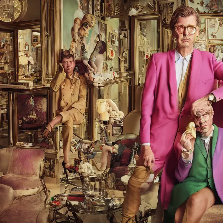 Prompt: vogue photoshoot octane render portrait by wayne barlow and carlo crivelli and glenn fabry, a handsome eccentric man in a bright colorful pastel wes anderson uniform inside a high - end exotic vintage boutique hotel bar, very short depth of field, bokeh