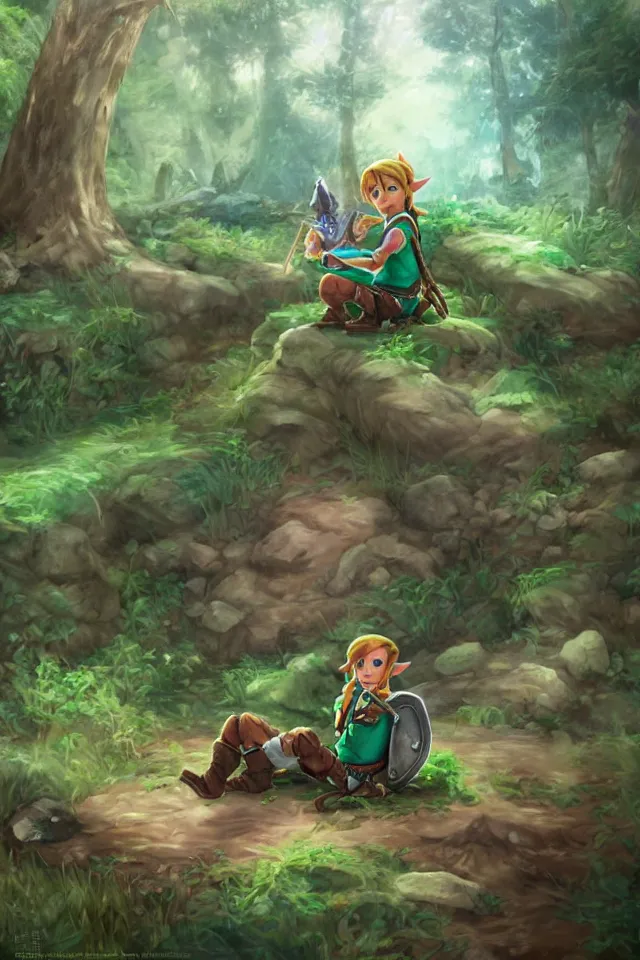 Image similar to a concept scene illustration of link sitting in woods of hyrule playing ocarina, with a crystal texture and a dreamy atmosphere ， super wide angle ， matte painting ， rtx on ， trending on cgsociety and artstation